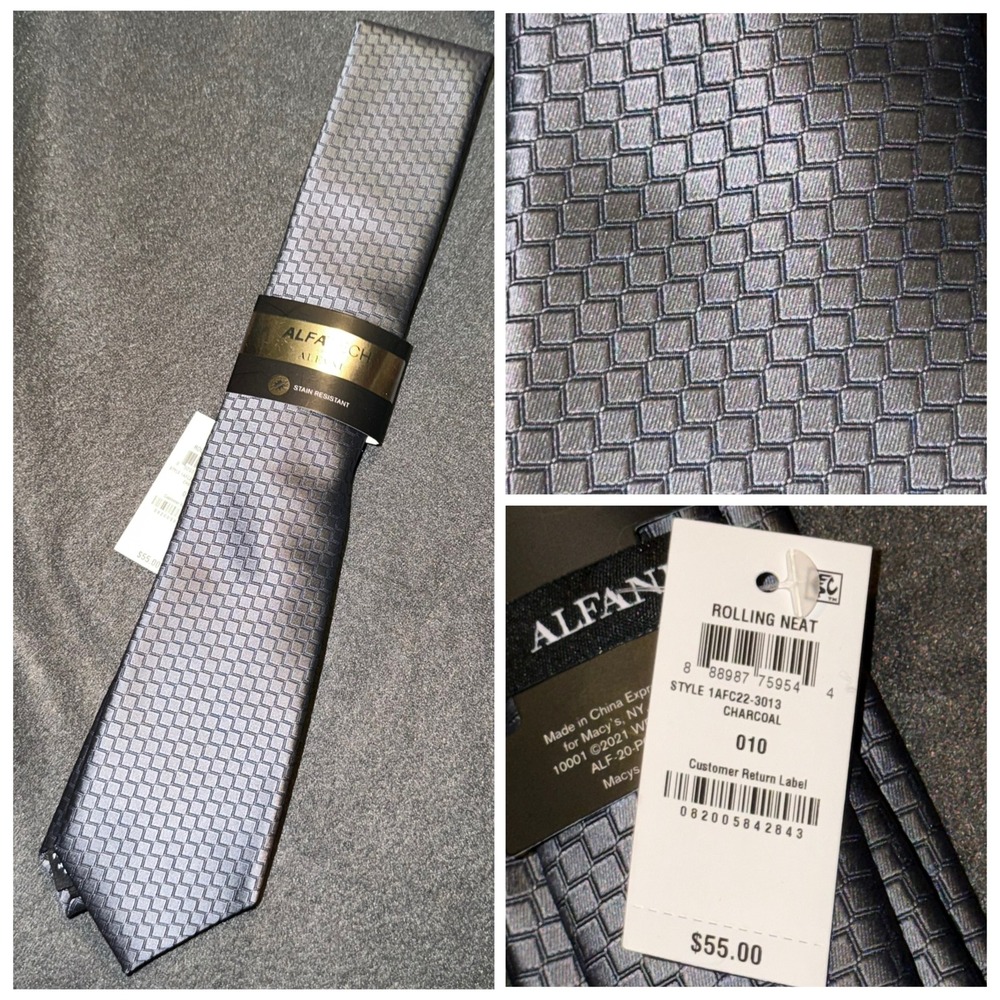 Alfani Rolling Neat Charcoal Grey Geometric Stain Resistant Mens Tie 1AFC22-3013